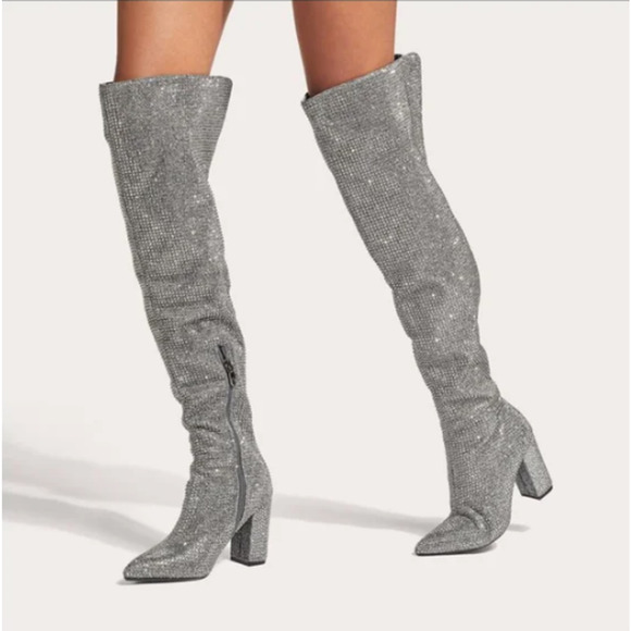 Gianni Bini Queen Bee Silver Rhinestone Over the Knee Boots Womens Sz 6 - Picture 1 of 11